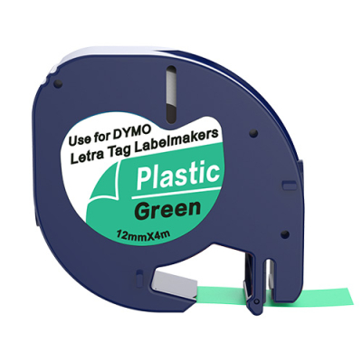 Dymo 91224 compatible labeltape, Schwarz auf grün, 12mm x 4m