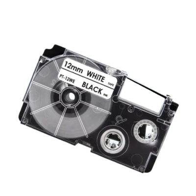 Casio XR-12WE kompatible Etikettenband, Schwarz auf weiß, 12mm x 8m