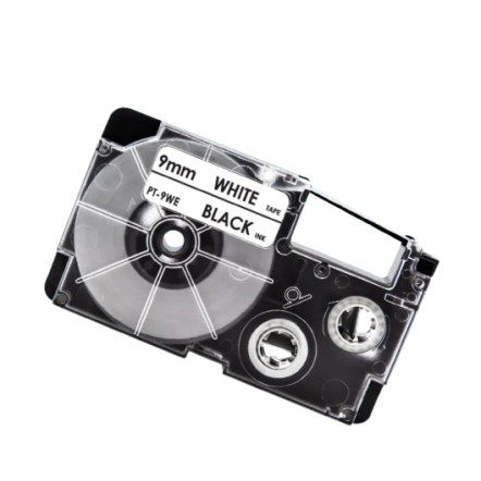 Casio XR-9WE kompatible Etikettenband, Schwarz auf weiß, 9mm x 8m